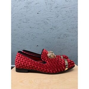 Meijiana Men's Red Velvet‎ Loafers 12 Gold Lion Crest Slip-On Dress Shoes